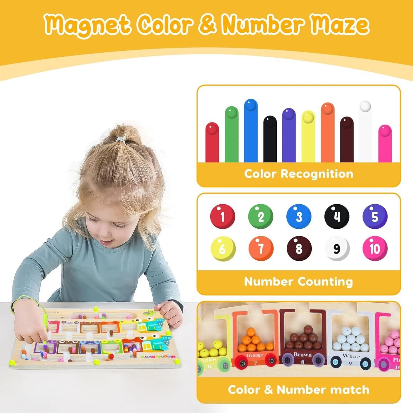 Magnetic Color & Number Maze | Montessori Wooden Puzzle Game Board for Kids’ Learning & Early Education
