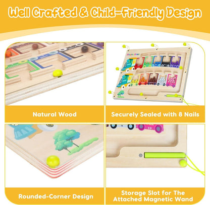 Magnetic Color & Number Maze | Montessori Wooden Puzzle Game Board for Kids’ Learning & Early Education